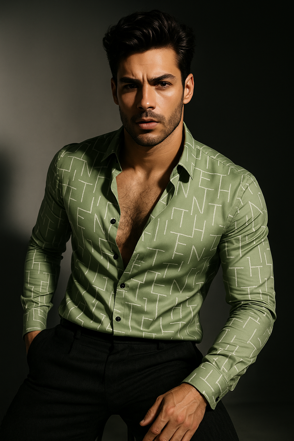 Green Designer Print Slim Fit Full Sleeves Shirt | TOG Fashion