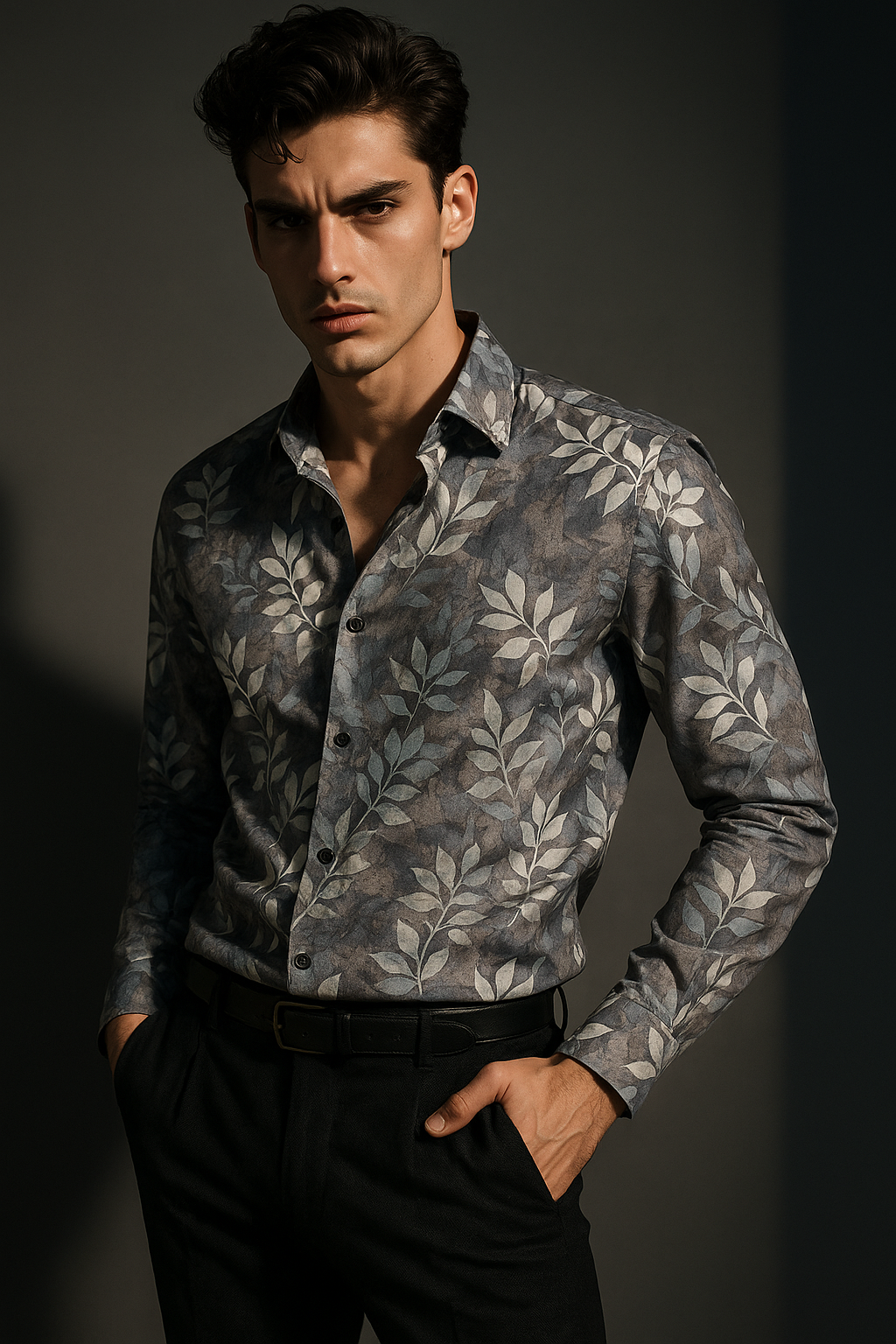 Grey lycra Floral Print Regular Fit Full Sleeves Casual Shirt | TOG Fashion