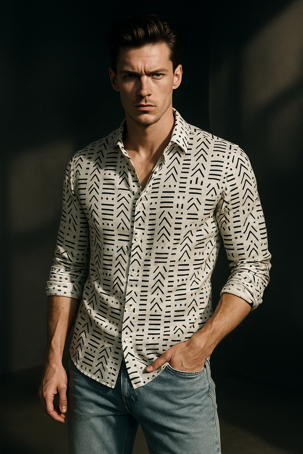 White and Black Premium Designer Print Regular Fit Full Sleeves Casual Shirt | TOG Fashion