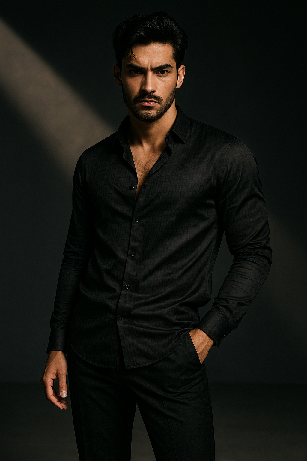 Black Lycra Designer Regular Fit Full Sleeves Shirt | TOG Fashion