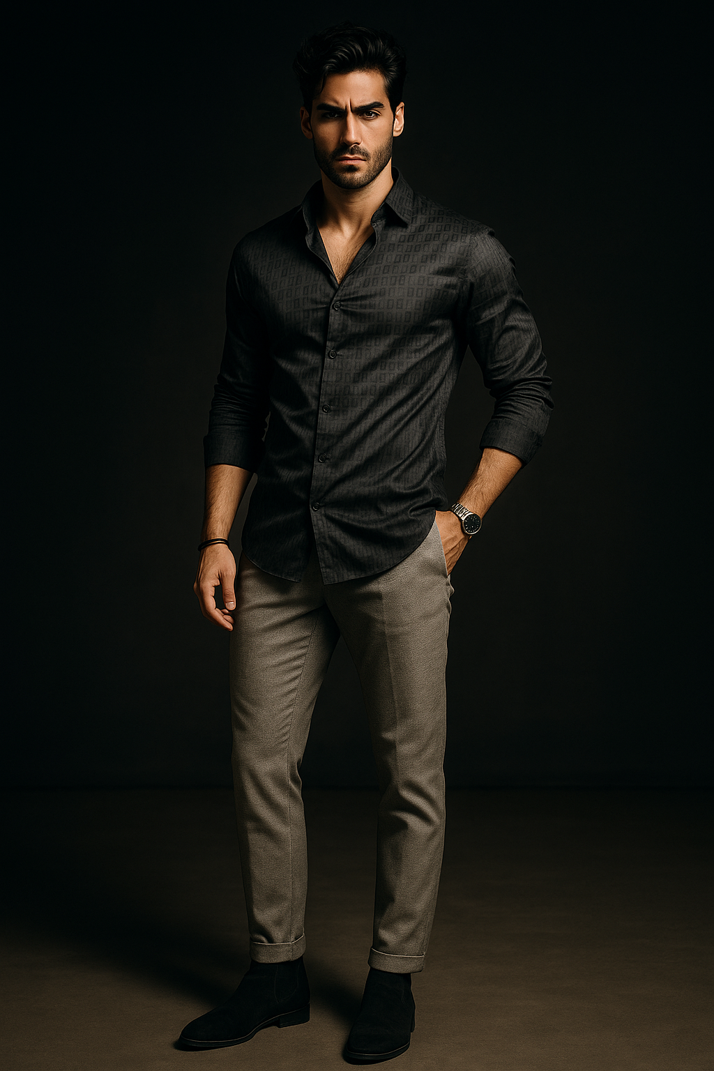 Black Lycra Designer Regular Fit Full Sleeves Shirt | TOG Fashion