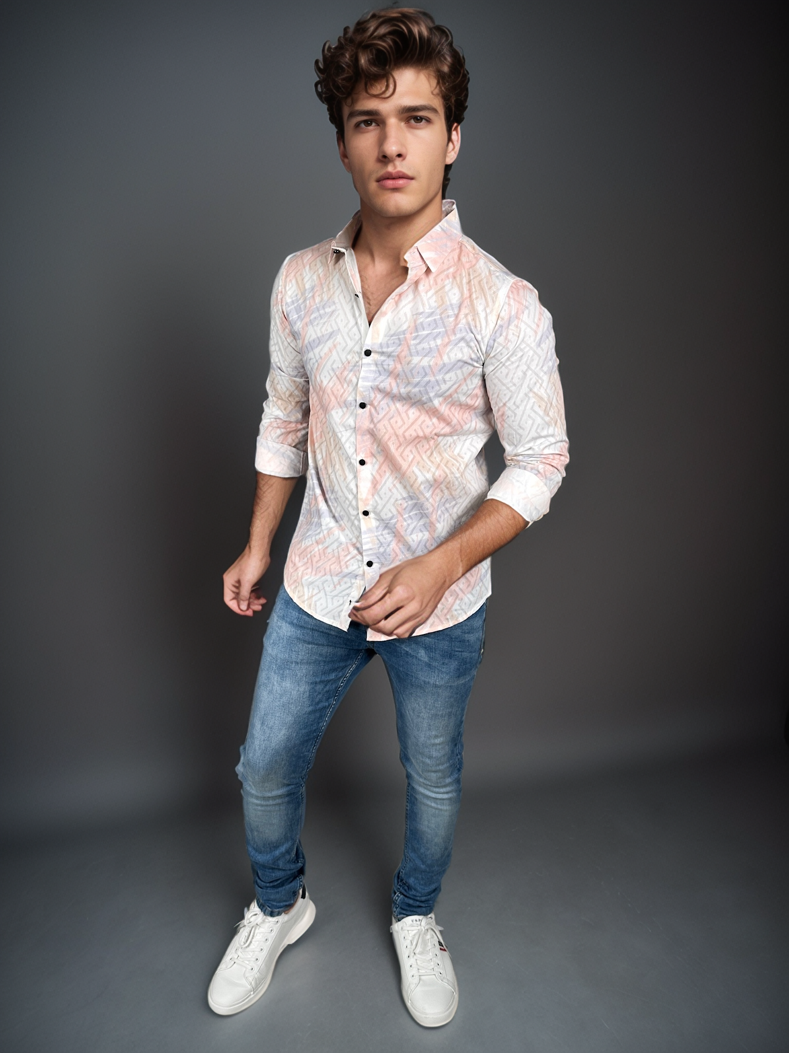 White Party Wear Orange Printed Slim fit Full Sleeves Shirt | TOG Fashion